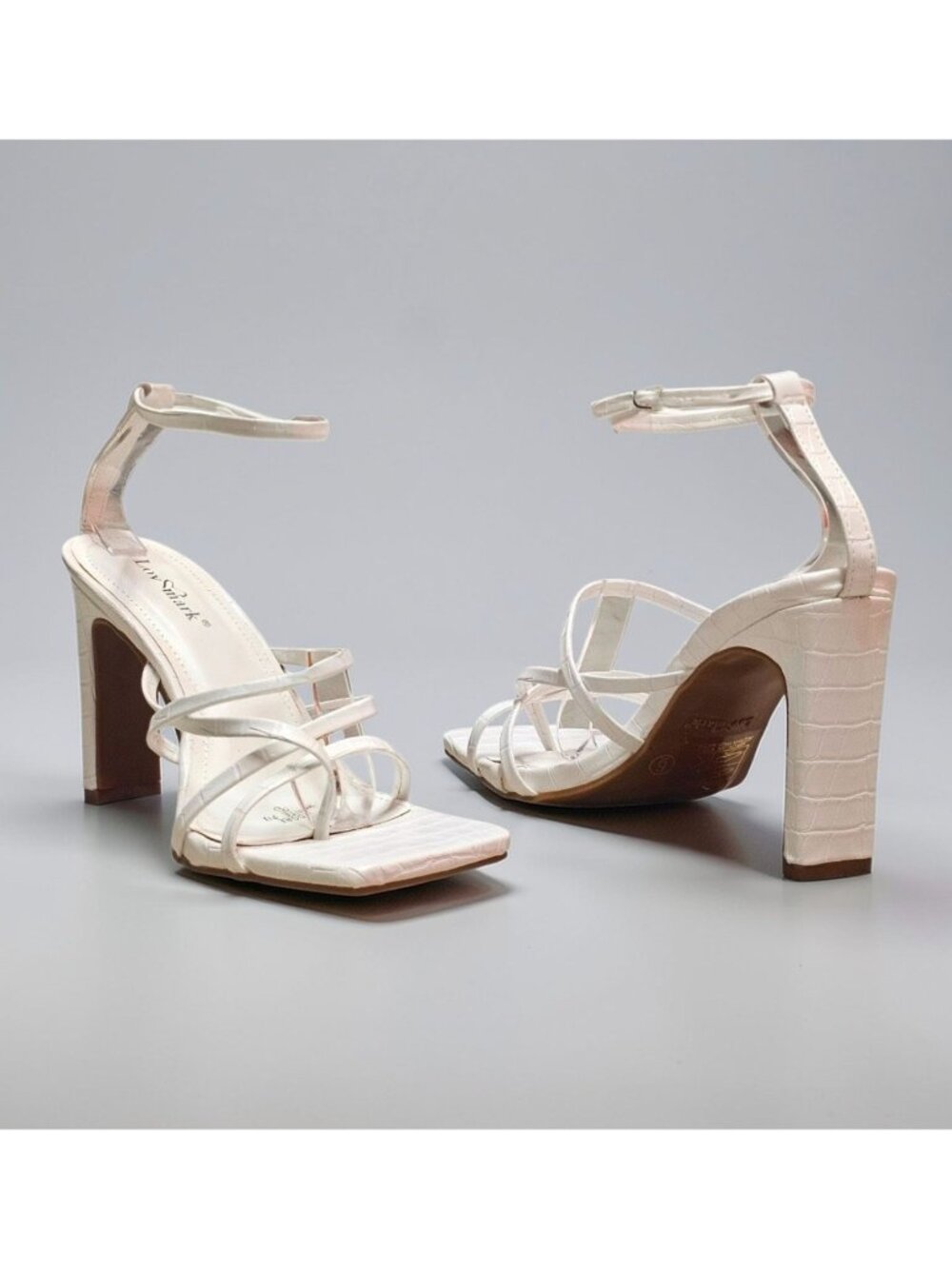 White Croc Embossed Strappy Square Toe Block Heel Ankle Strap Sandals